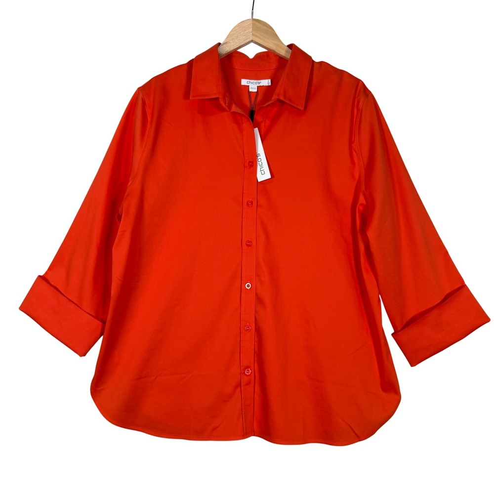 Chico's No Iron‎ Stretch Shirt 3 Blood Orange 3/4 Sleeve Button Front Minimalist